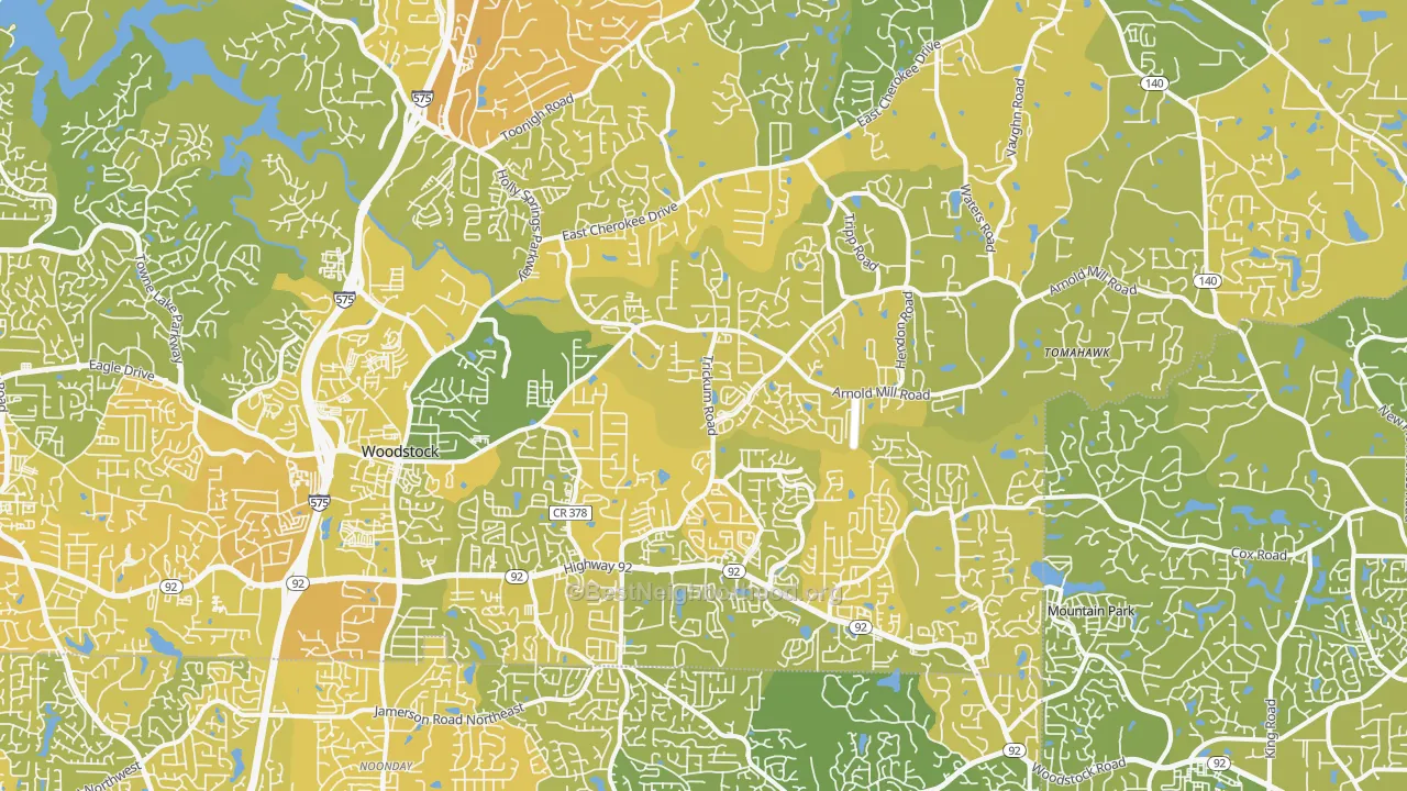 Map of the best neighborhoods in the 30188 area, with better matches in green and worse matches in red