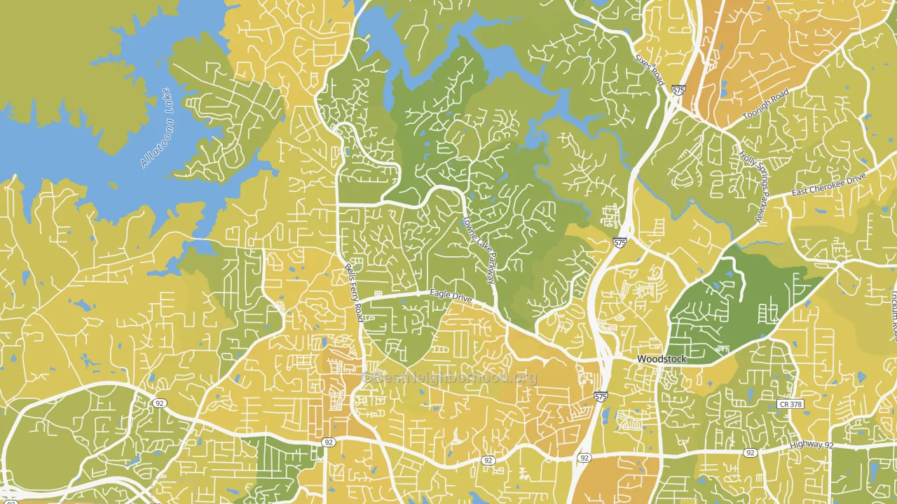 Map of the best neighborhoods in the 30189 area, with better matches in green and worse matches in red