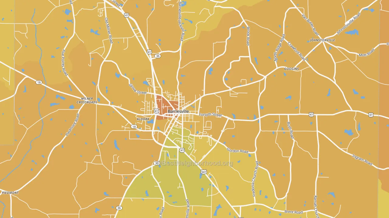Map of the best neighborhoods in the 30204 area, with better matches in green and worse matches in red