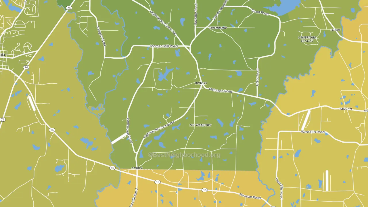 Map of the best neighborhoods in the 30205 area, with better matches in green and worse matches in red