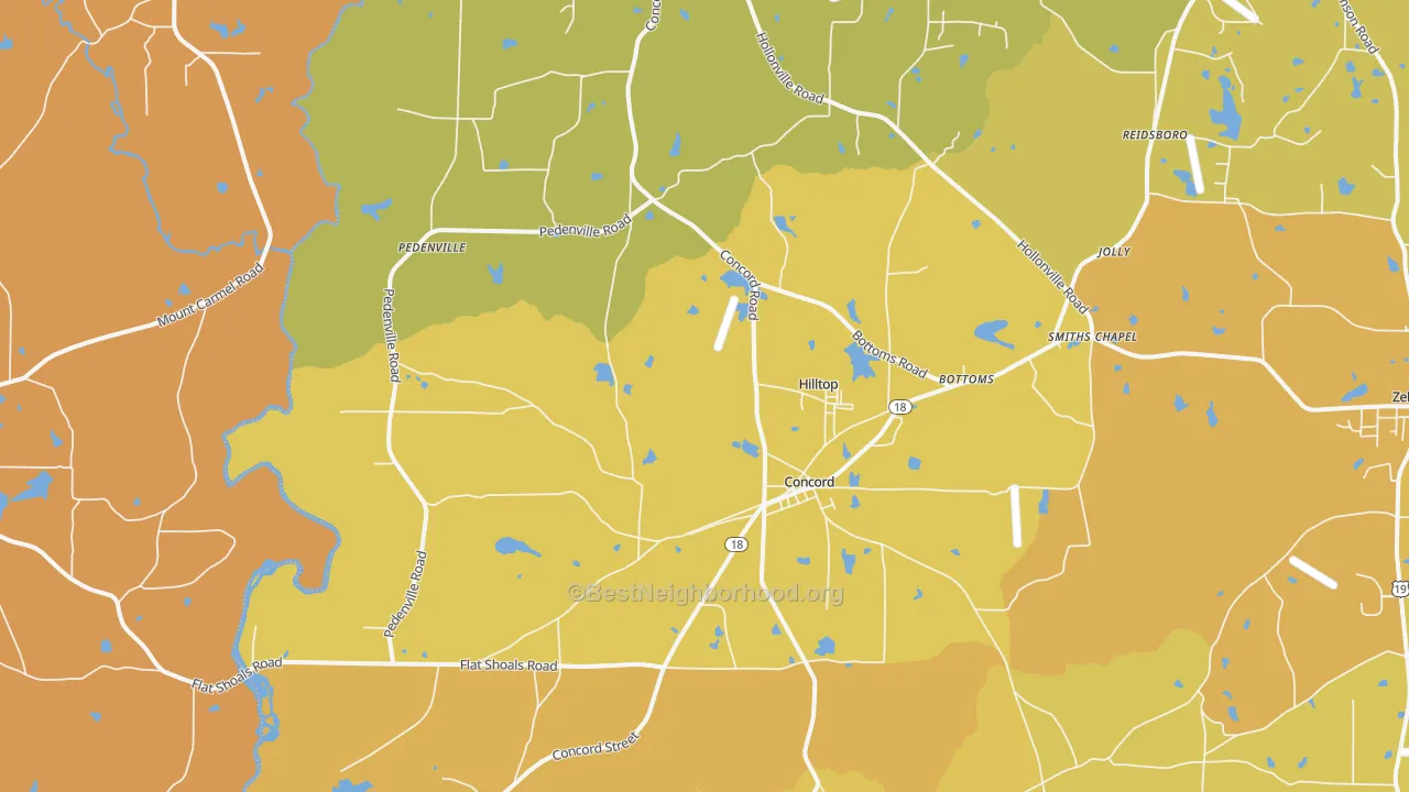 Map of the best neighborhoods in the 30206 area, with better matches in green and worse matches in red