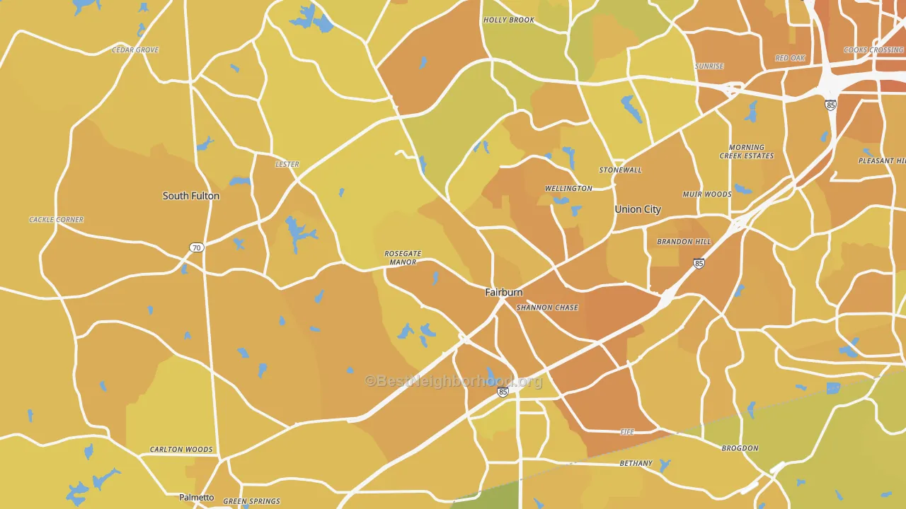 Map of the best neighborhoods in the 30213 area, with better matches in green and worse matches in red