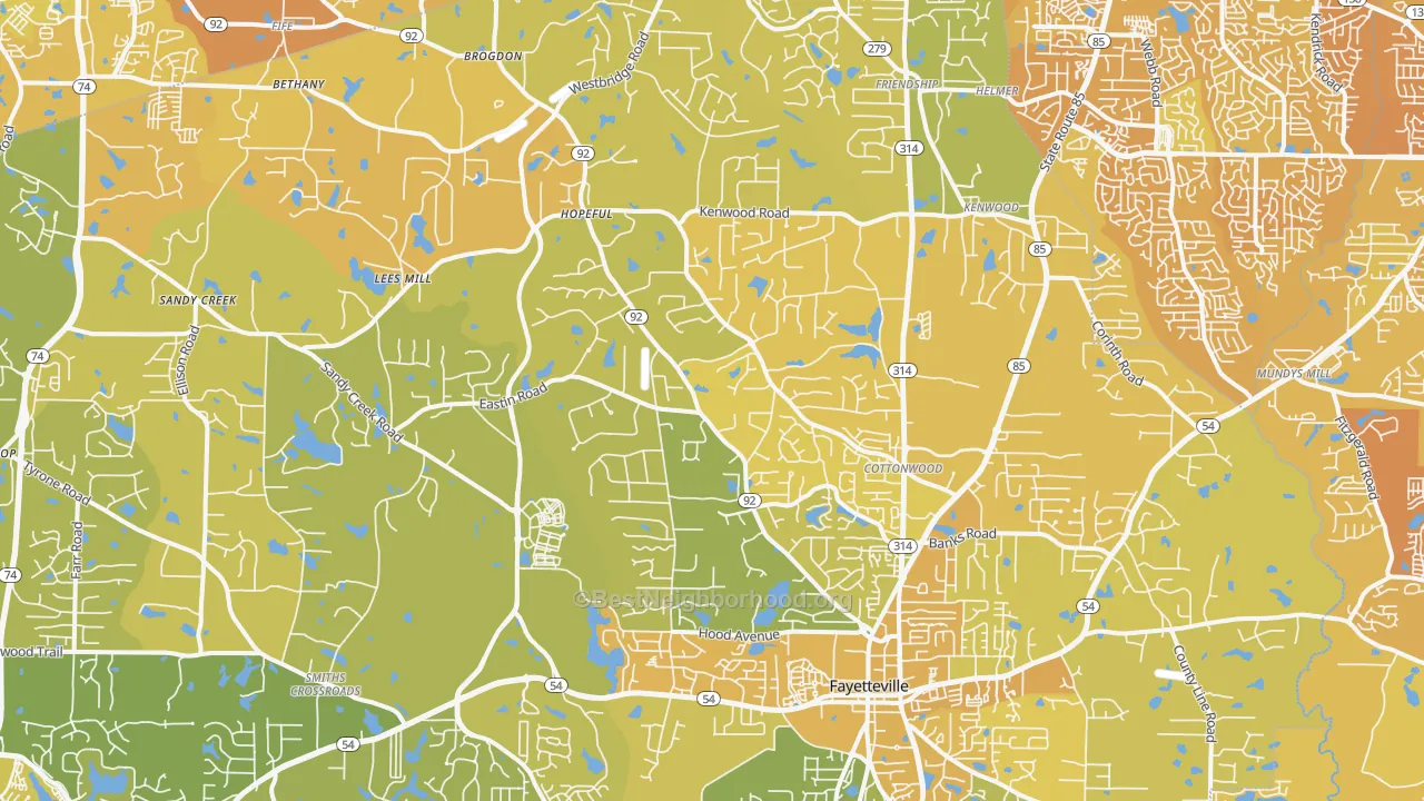 Map of the best neighborhoods in the 30214 area, with better matches in green and worse matches in red