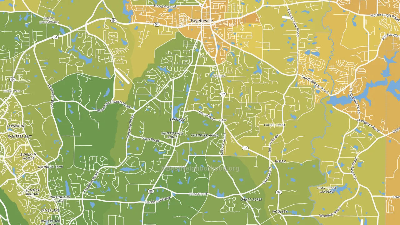 Map of the best neighborhoods in the 30215 area, with better matches in green and worse matches in red