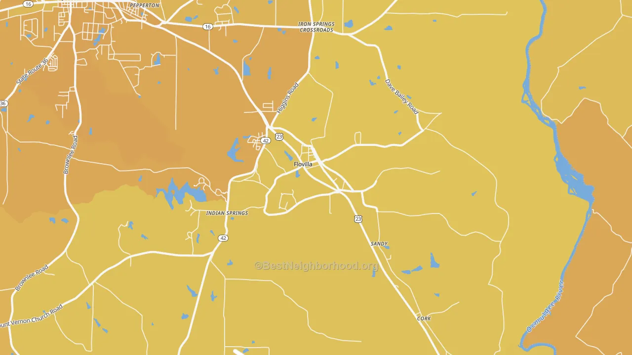 Map of the best neighborhoods in the 30216 area, with better matches in green and worse matches in red