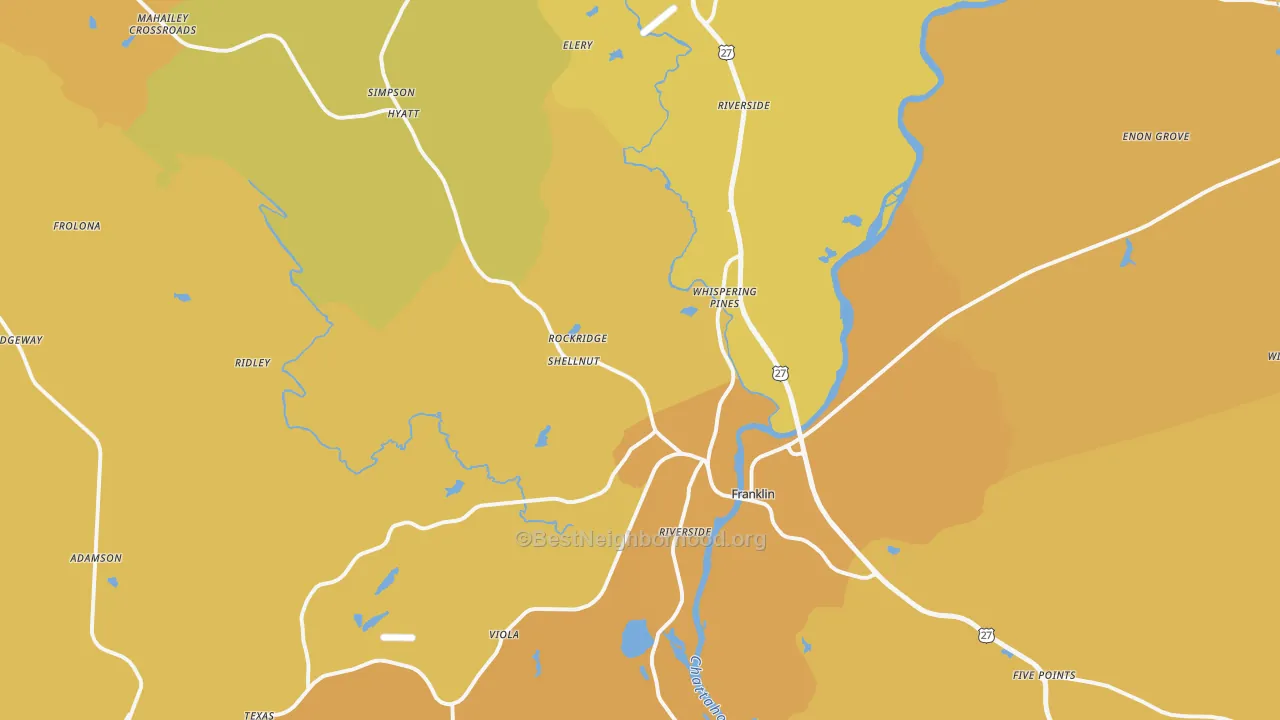 Map of the best neighborhoods in the 30217 area, with better matches in green and worse matches in red