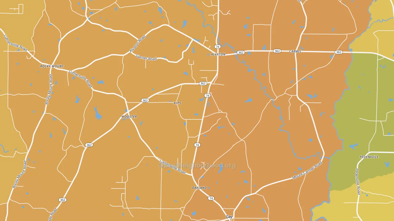 Map of the best neighborhoods in the 30218 area, with better matches in green and worse matches in red