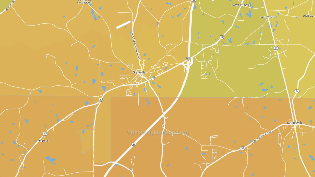 Map of the best neighborhoods in the 30220 area, with better matches in green and worse matches in red