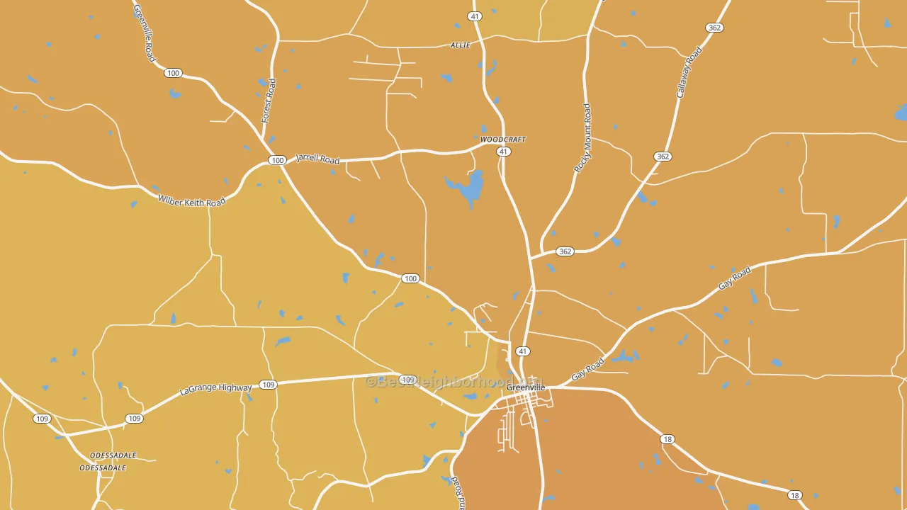 Map of the best neighborhoods in the 30222 area, with better matches in green and worse matches in red