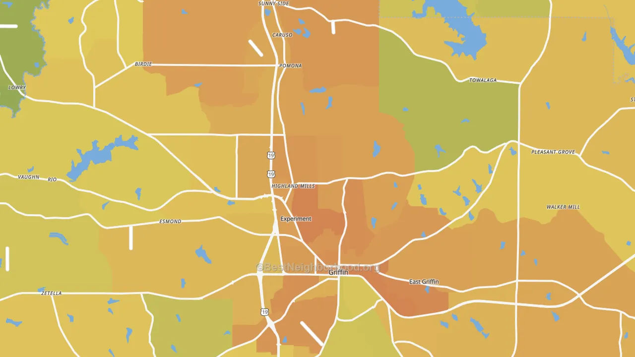 Map of the best neighborhoods in the 30223 area, with better matches in green and worse matches in red