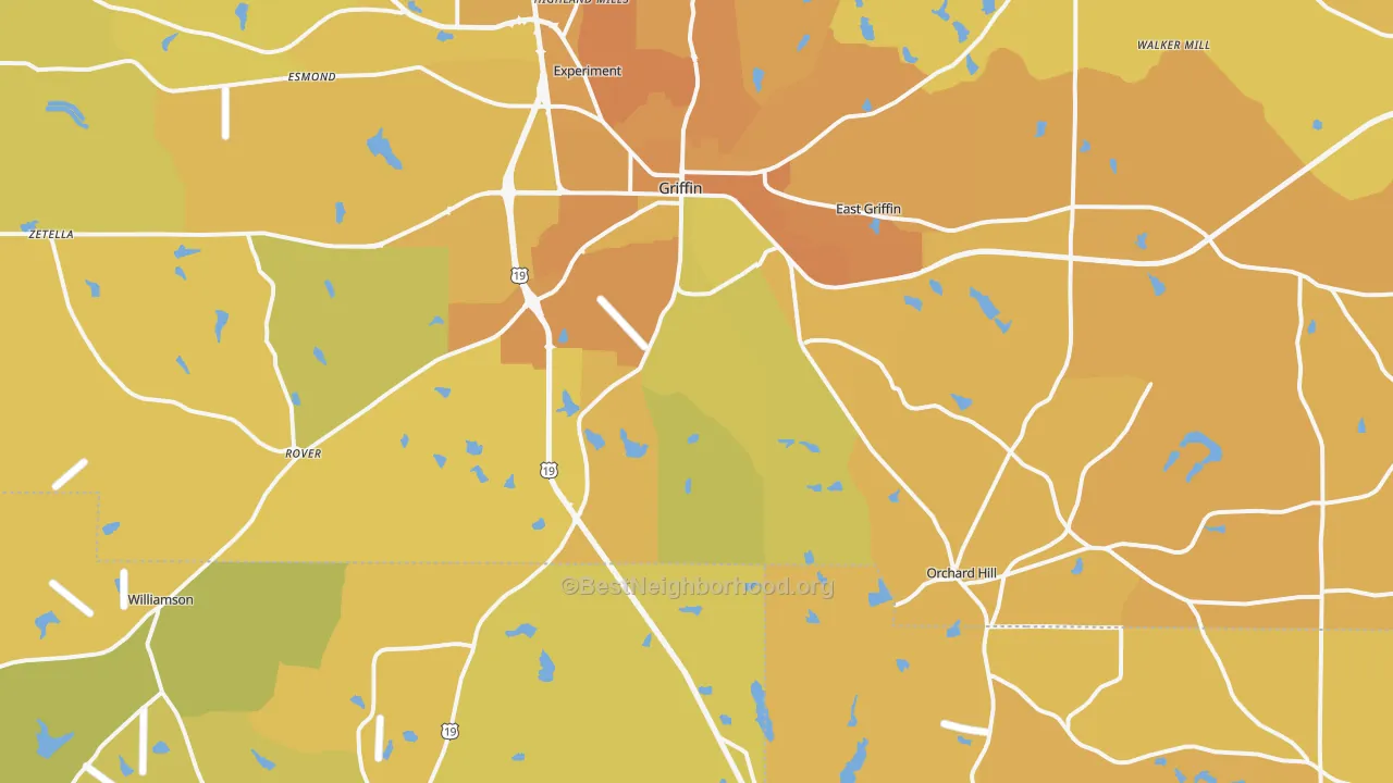 Map of the best neighborhoods in the 30224 area, with better matches in green and worse matches in red