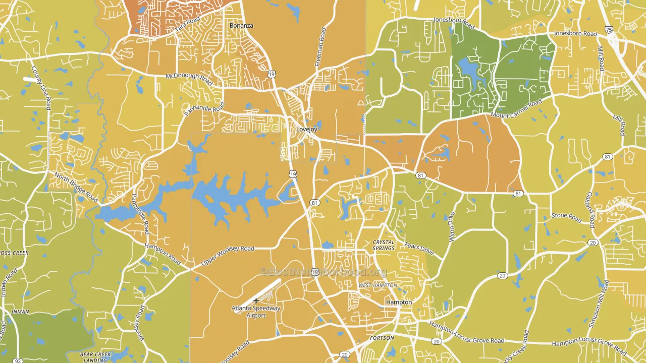 Map of the best neighborhoods in the 30228 area, with better matches in green and worse matches in red