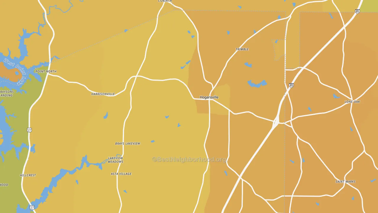 Map of the best neighborhoods in the 30230 area, with better matches in green and worse matches in red