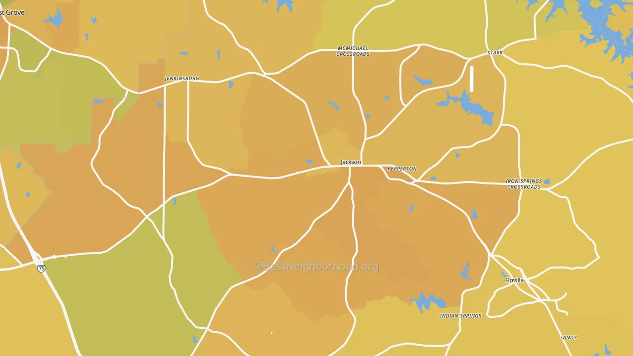 Map of the best neighborhoods in the 30233 area, with better matches in green and worse matches in red