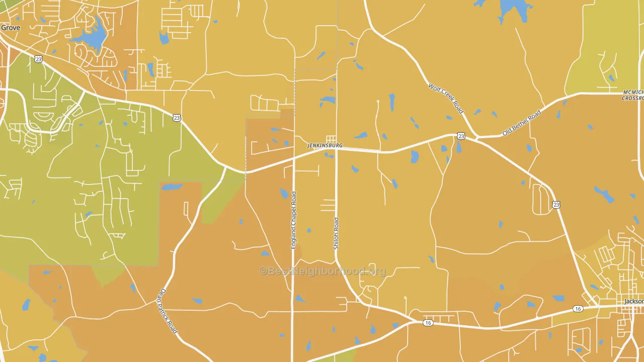 Map of the best neighborhoods in the 30234 area, with better matches in green and worse matches in red