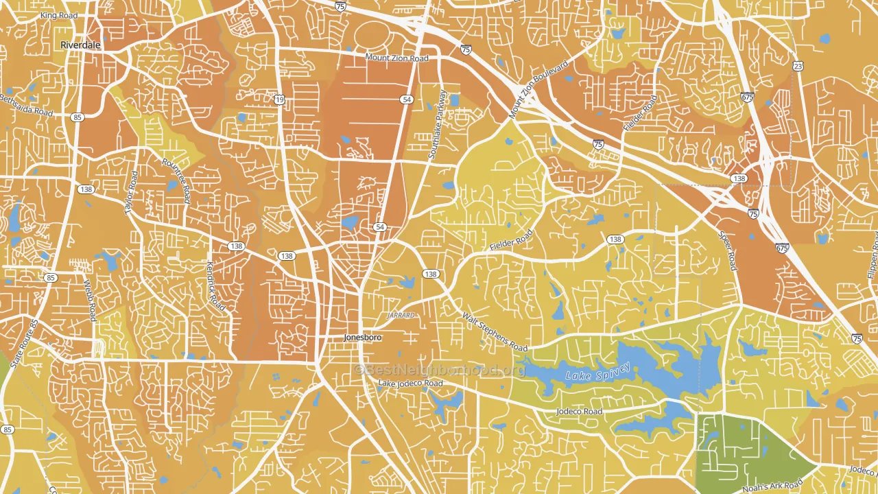 Map of the best neighborhoods in the 30236 area, with better matches in green and worse matches in red
