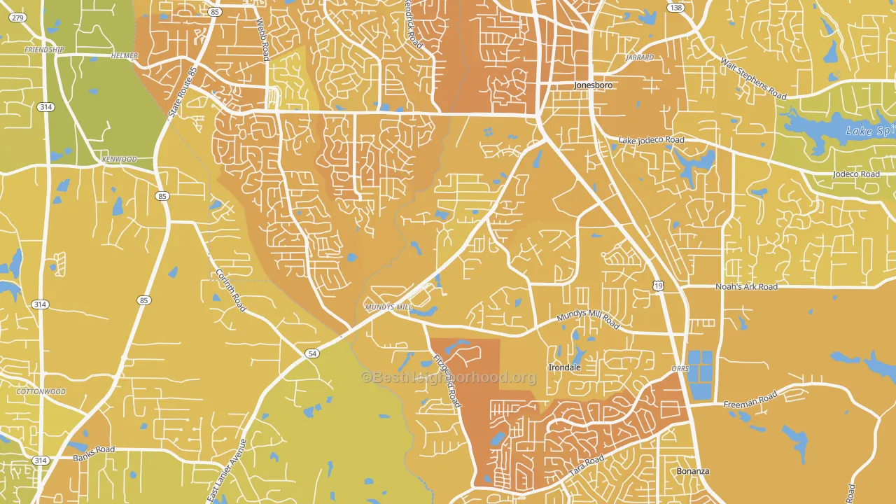 Map of the best neighborhoods in the 30238 area, with better matches in green and worse matches in red