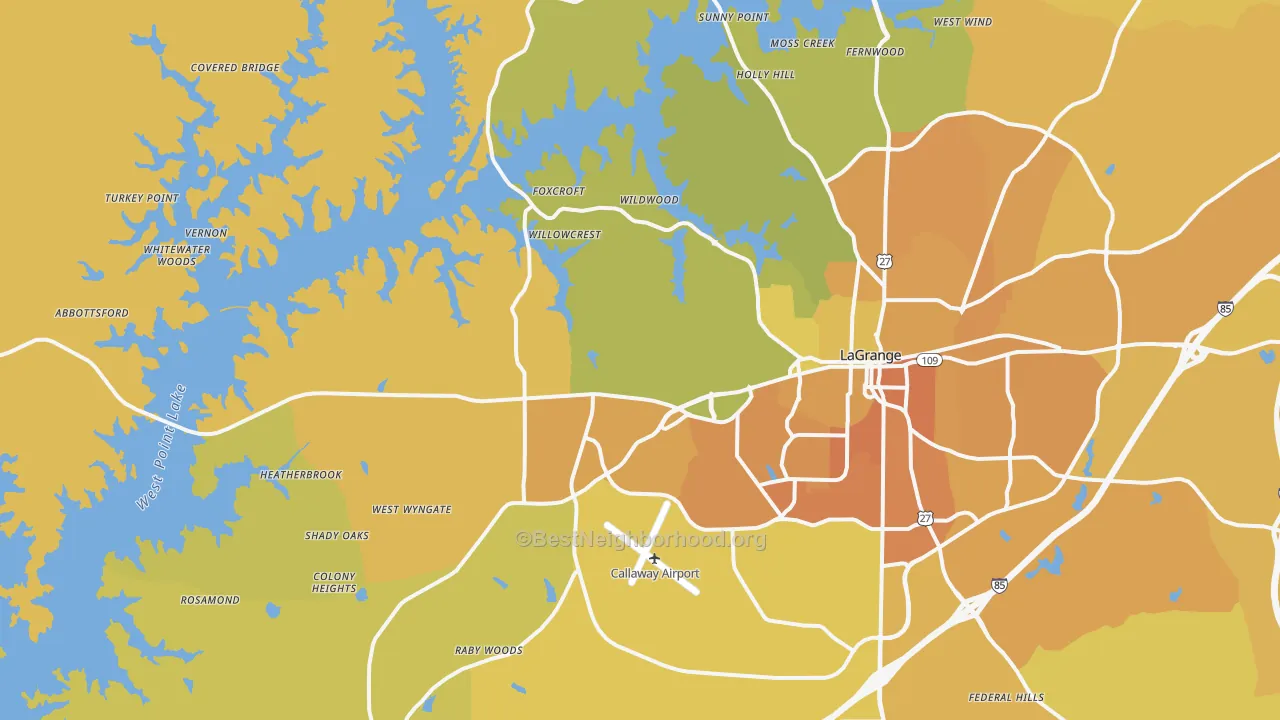 Map of the best neighborhoods in the 30240 area, with better matches in green and worse matches in red