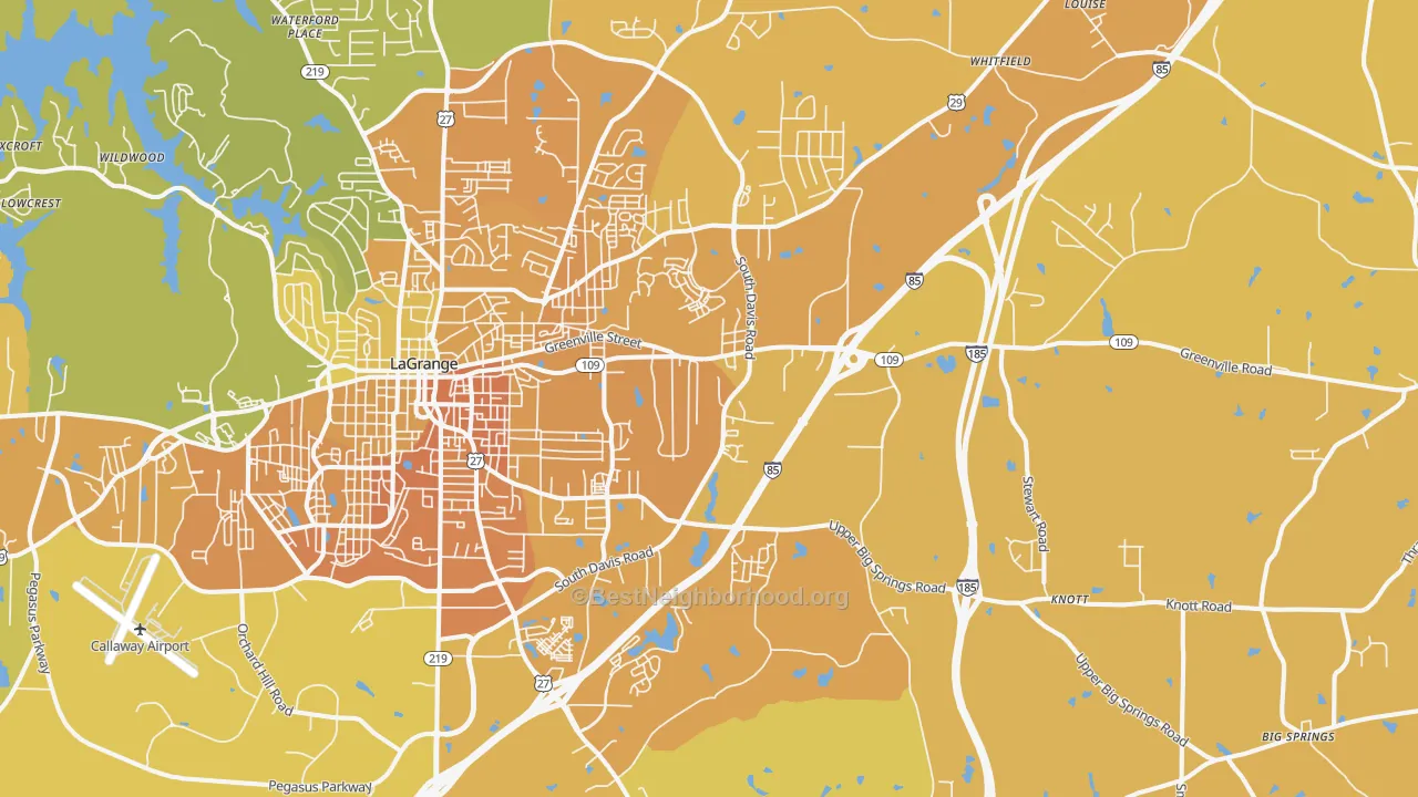 Map of the best neighborhoods in the 30241 area, with better matches in green and worse matches in red