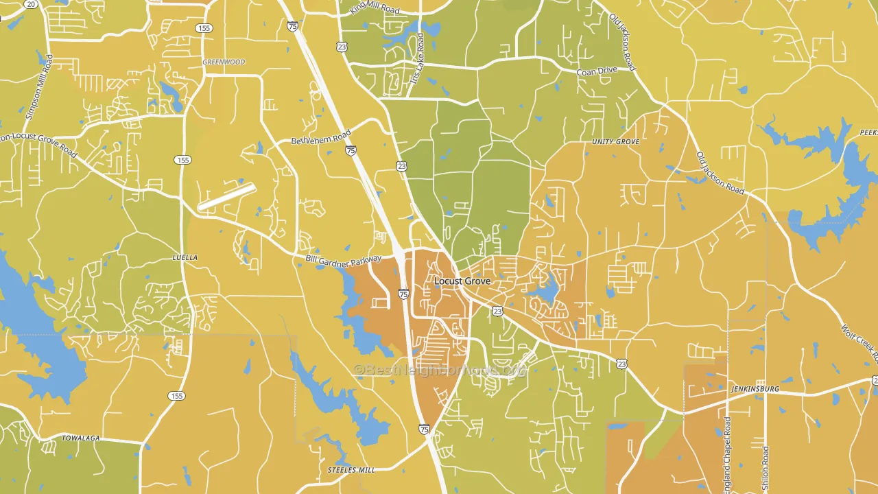 Map of the best neighborhoods in the 30248 area, with better matches in green and worse matches in red