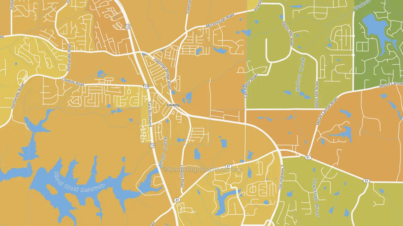 Map of the best neighborhoods in the 30250 area, with better matches in green and worse matches in red