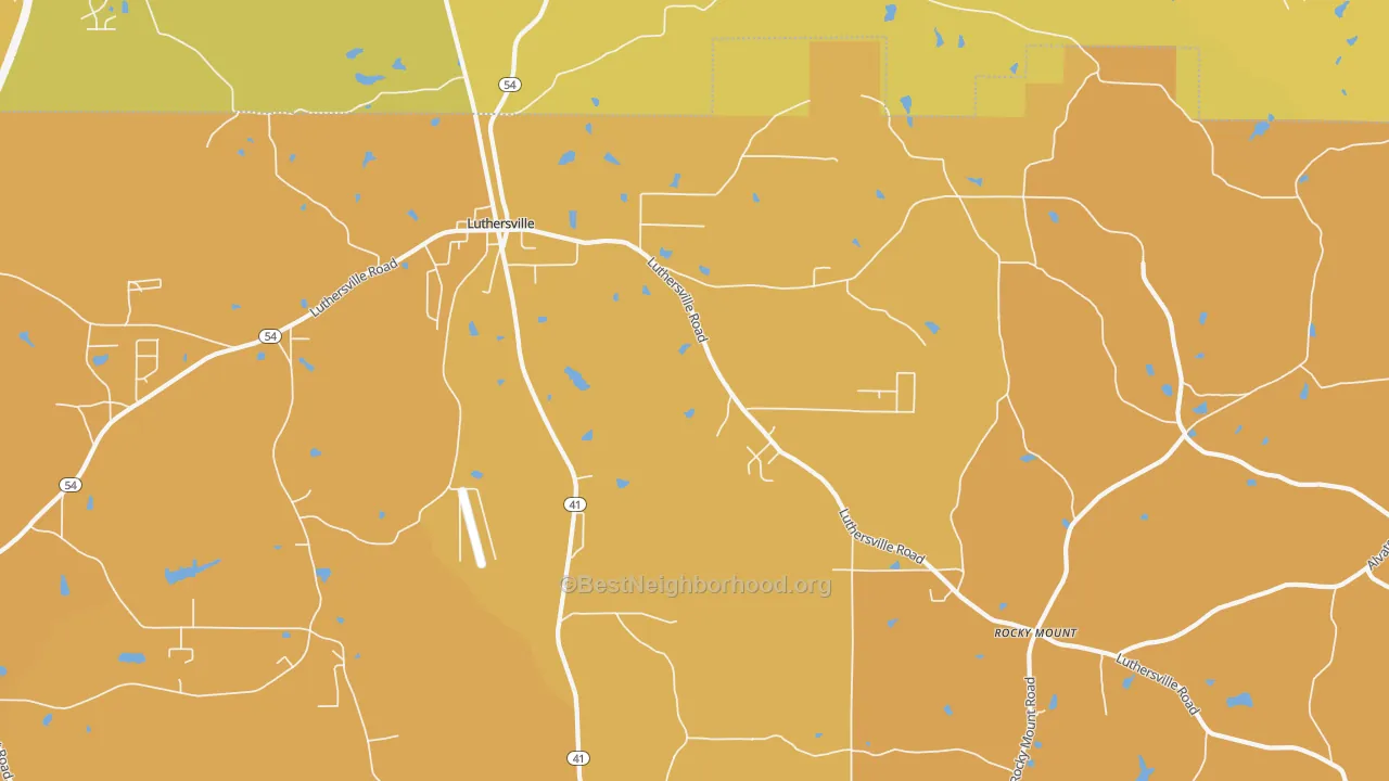 Map of the best neighborhoods in the 30251 area, with better matches in green and worse matches in red