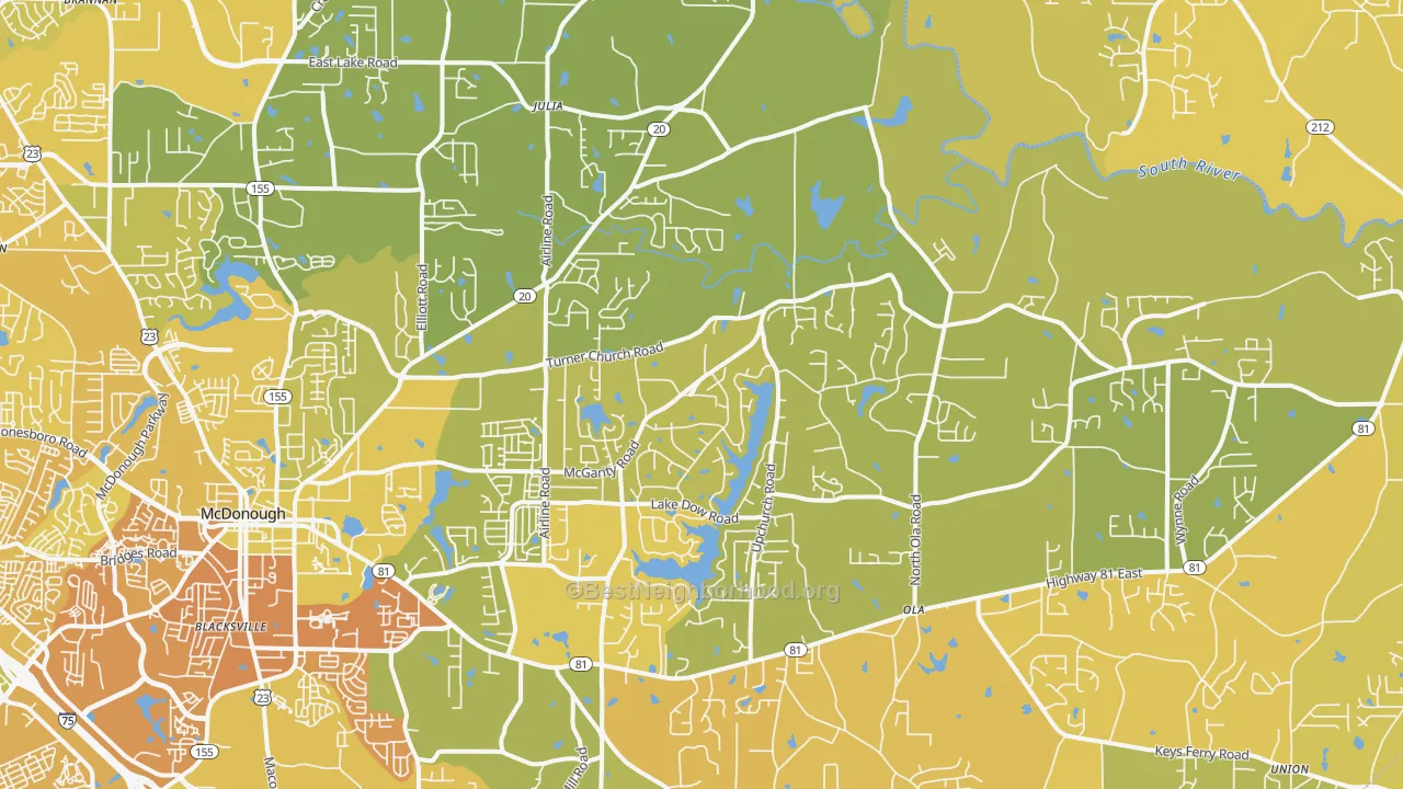 Map of the best neighborhoods in the 30252 area, with better matches in green and worse matches in red