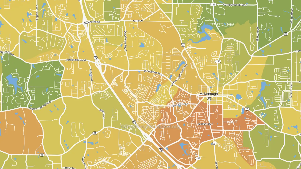 Map of the best neighborhoods in the 30253 area, with better matches in green and worse matches in red