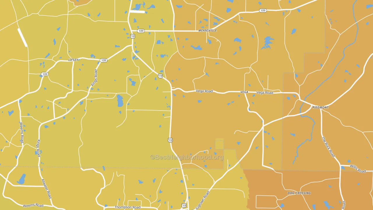 Map of the best neighborhoods in the 30256 area, with better matches in green and worse matches in red