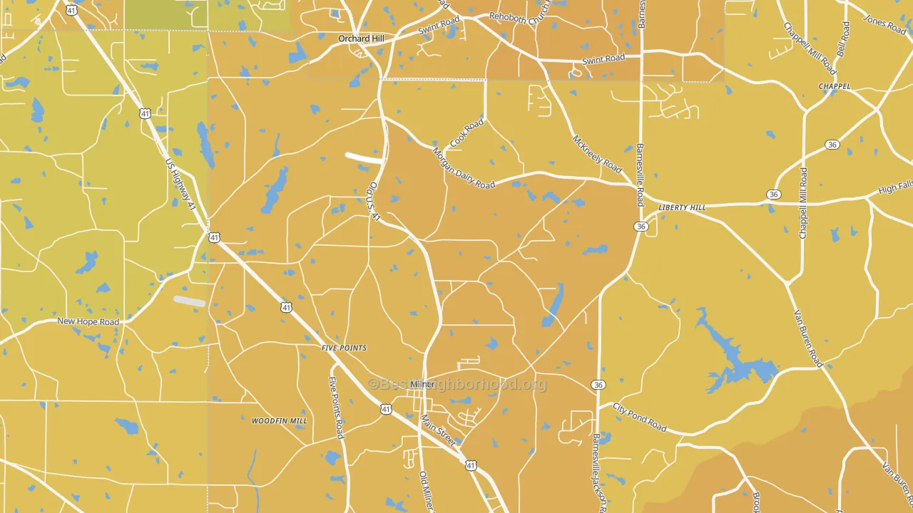 Map of the best neighborhoods in the 30257 area, with better matches in green and worse matches in red