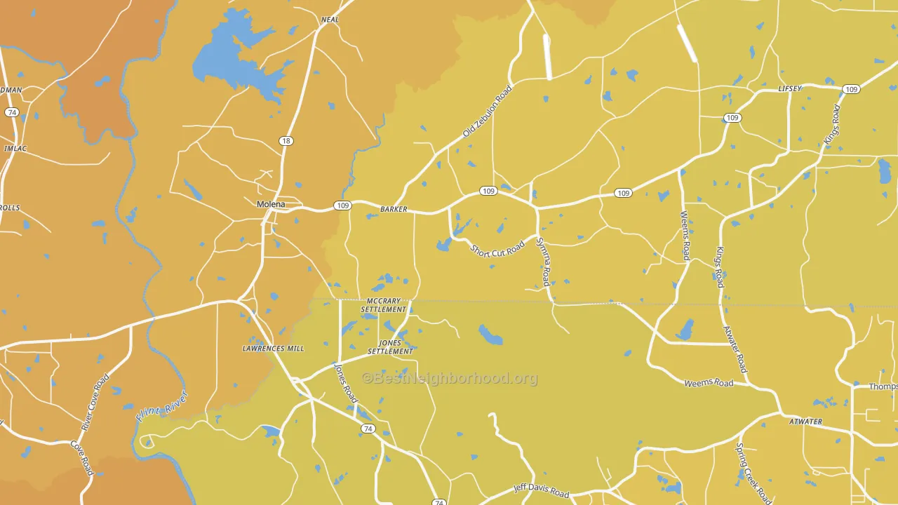 Map of the best neighborhoods in the 30258 area, with better matches in green and worse matches in red