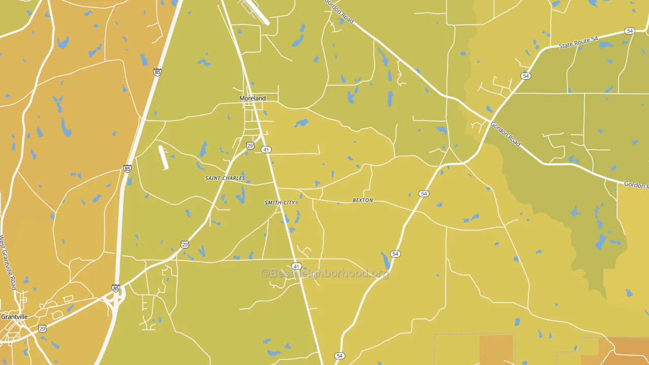Map of the best neighborhoods in the 30259 area, with better matches in green and worse matches in red