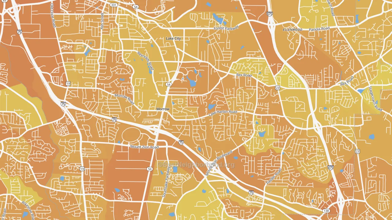 Map of the best neighborhoods in the 30260 area, with better matches in green and worse matches in red