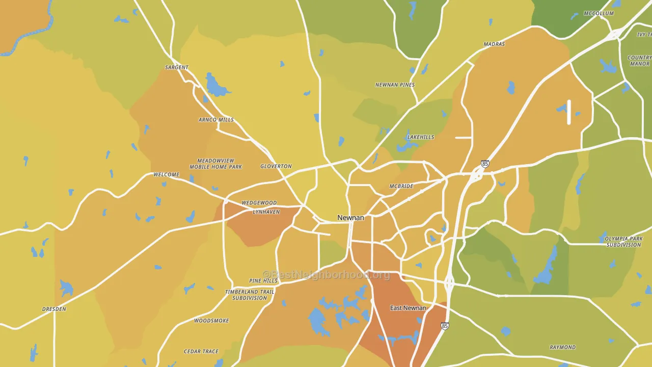Map of the best neighborhoods in the 30263 area, with better matches in green and worse matches in red