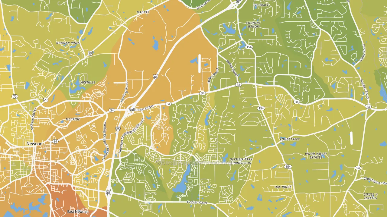 Map of the best neighborhoods in the 30265 area, with better matches in green and worse matches in red