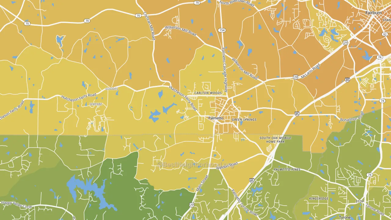 Map of the best neighborhoods in the 30268 area, with better matches in green and worse matches in red