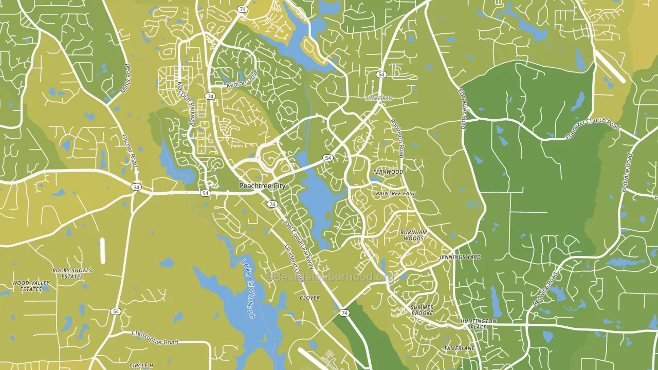 Map of the best neighborhoods in the 30269 area, with better matches in green and worse matches in red