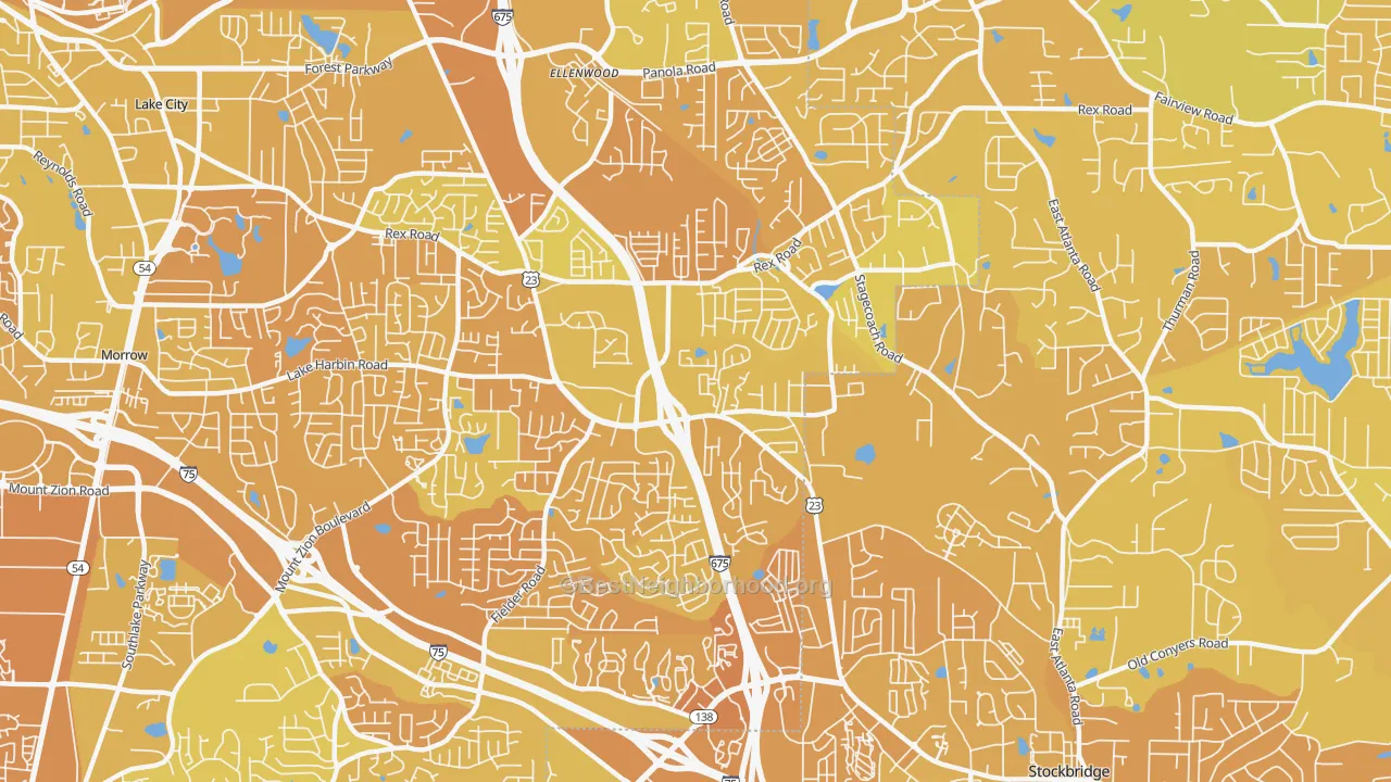Map of the best neighborhoods in the 30273 area, with better matches in green and worse matches in red