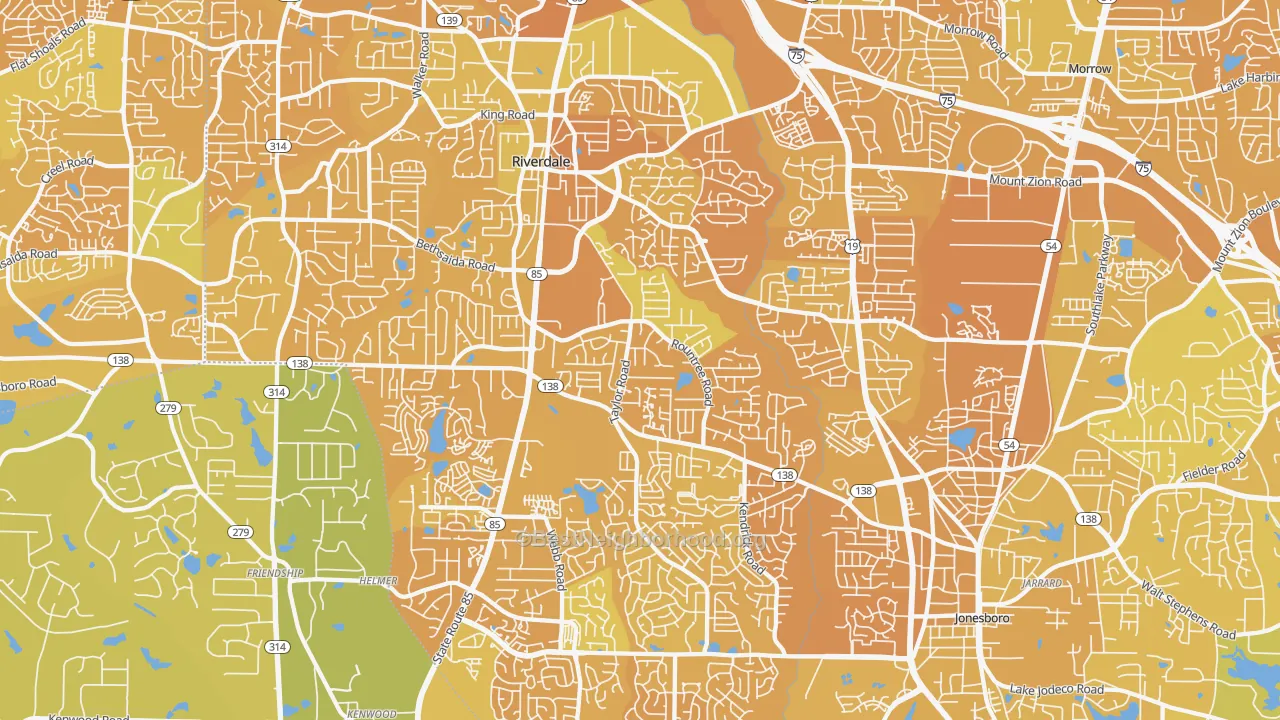 Map of the best neighborhoods in the 30274 area, with better matches in green and worse matches in red