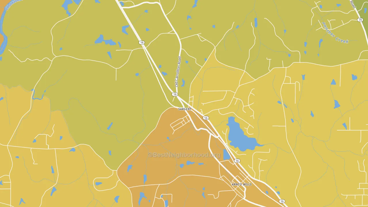 Map of the best neighborhoods in the 30275 area, with better matches in green and worse matches in red