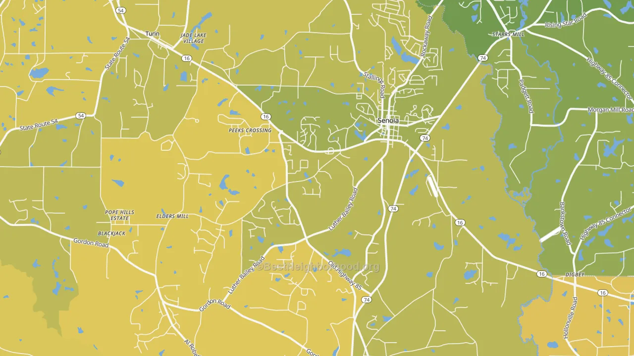 Map of the best neighborhoods in the 30276 area, with better matches in green and worse matches in red