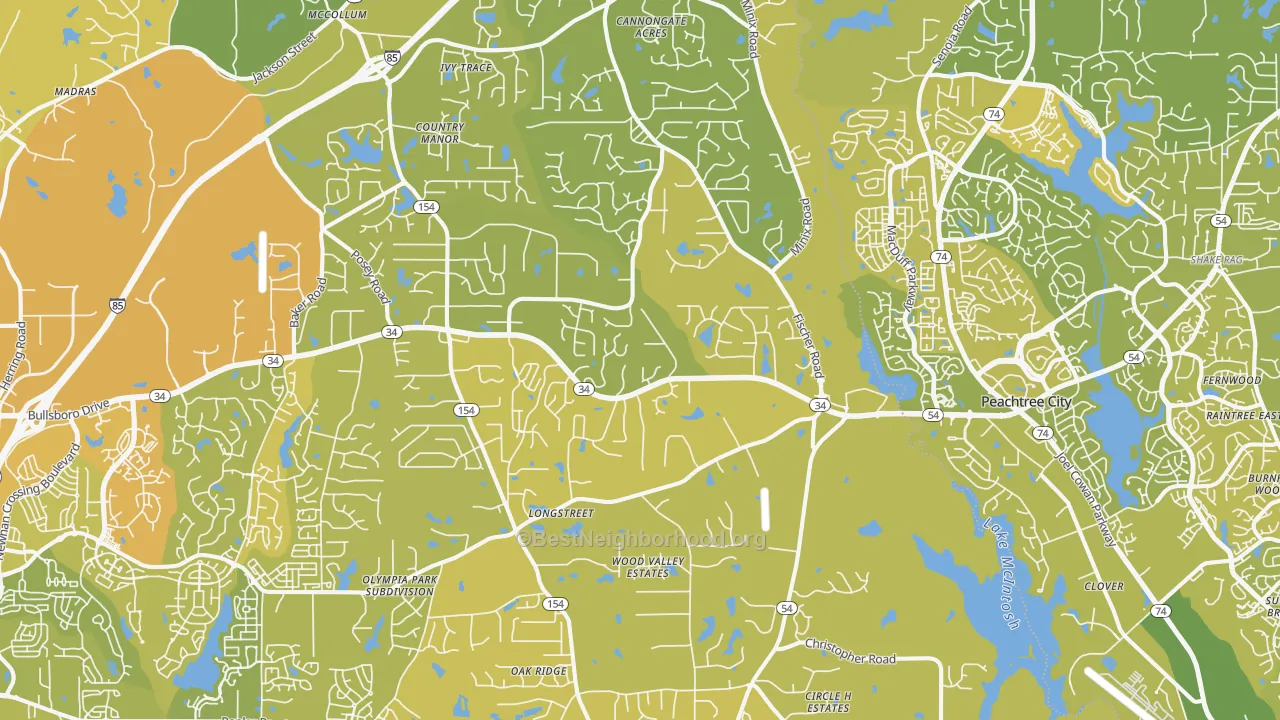 Map of the best neighborhoods in the 30277 area, with better matches in green and worse matches in red