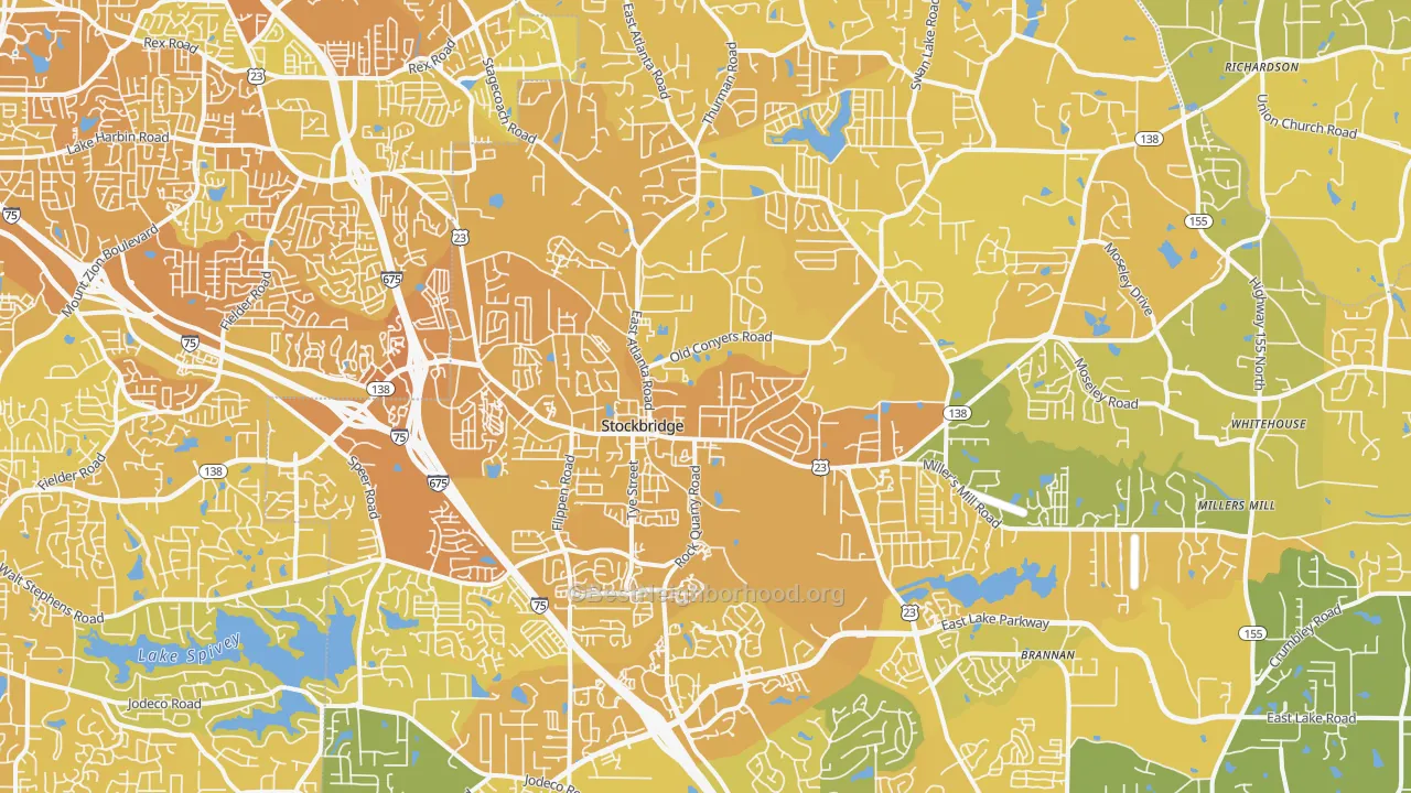 Map of the best neighborhoods in the 30281 area, with better matches in green and worse matches in red
