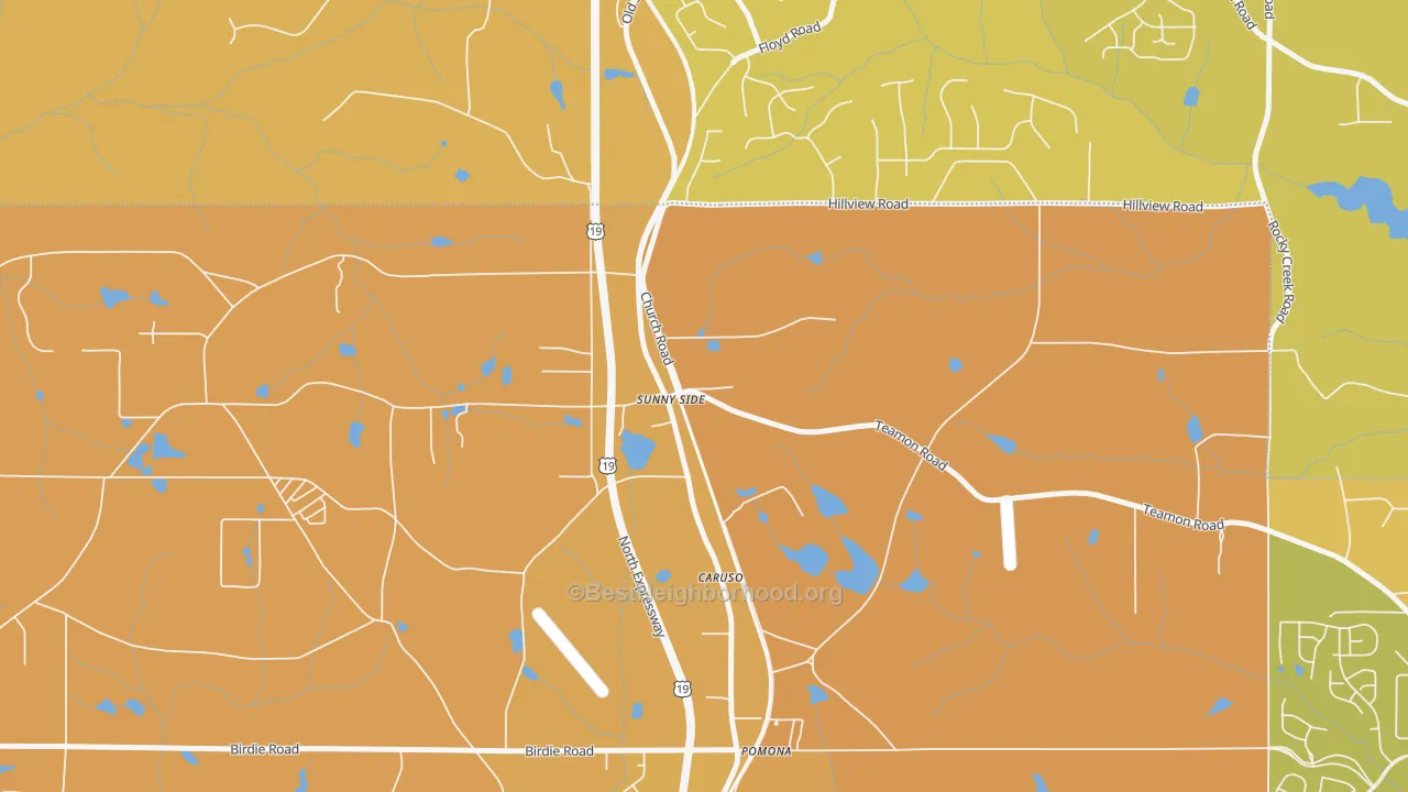 Map of the best neighborhoods in the 30284 area, with better matches in green and worse matches in red