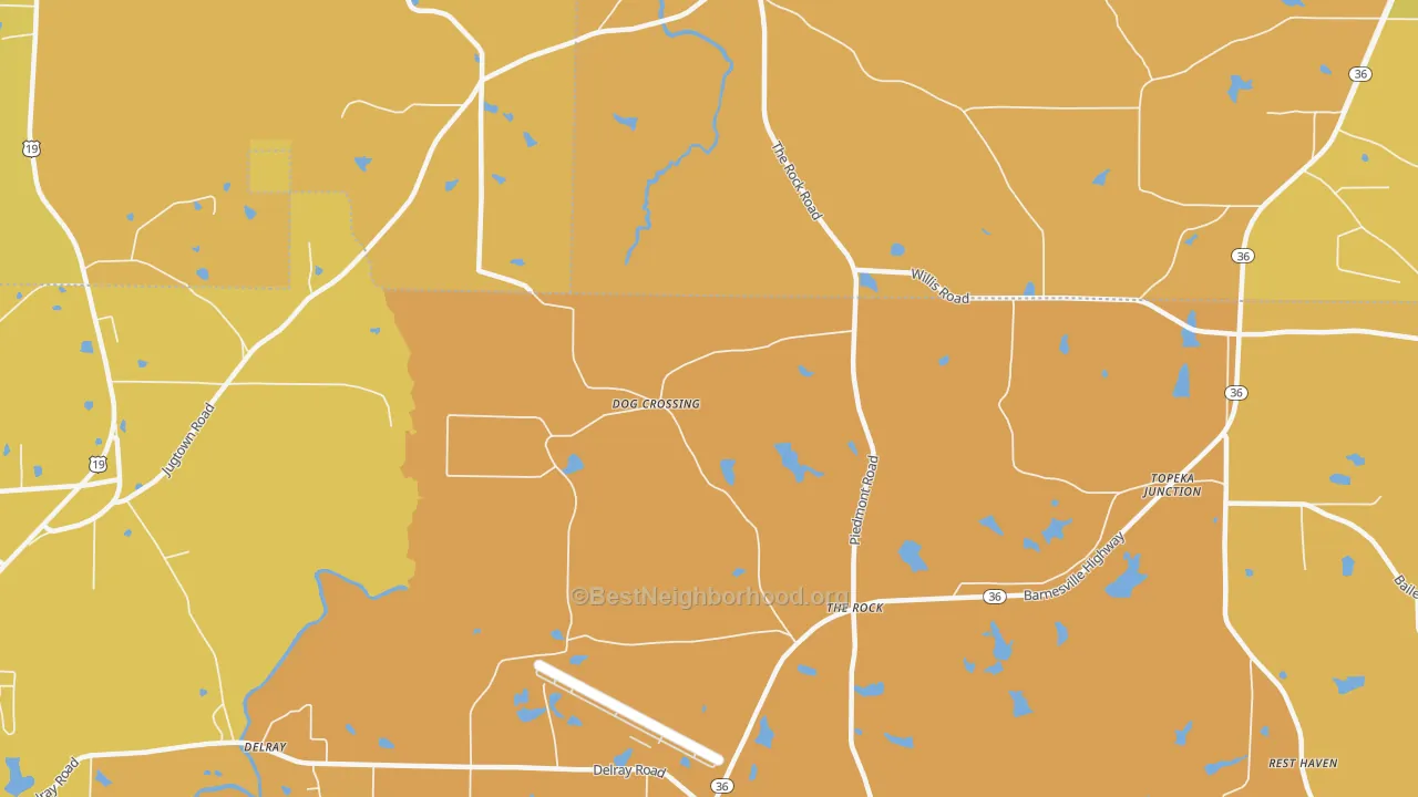 Map of the best neighborhoods in the 30285 area, with better matches in green and worse matches in red