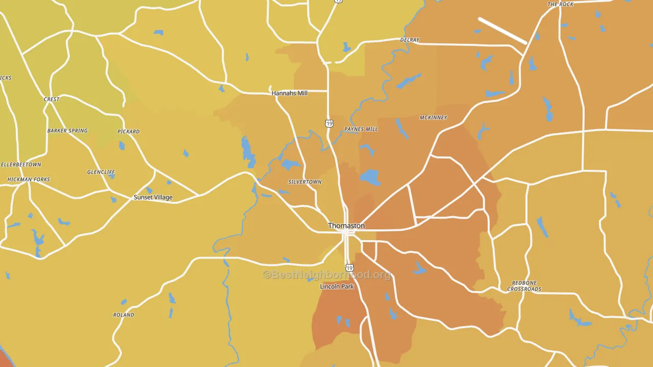 Map of the best neighborhoods in the 30286 area, with better matches in green and worse matches in red