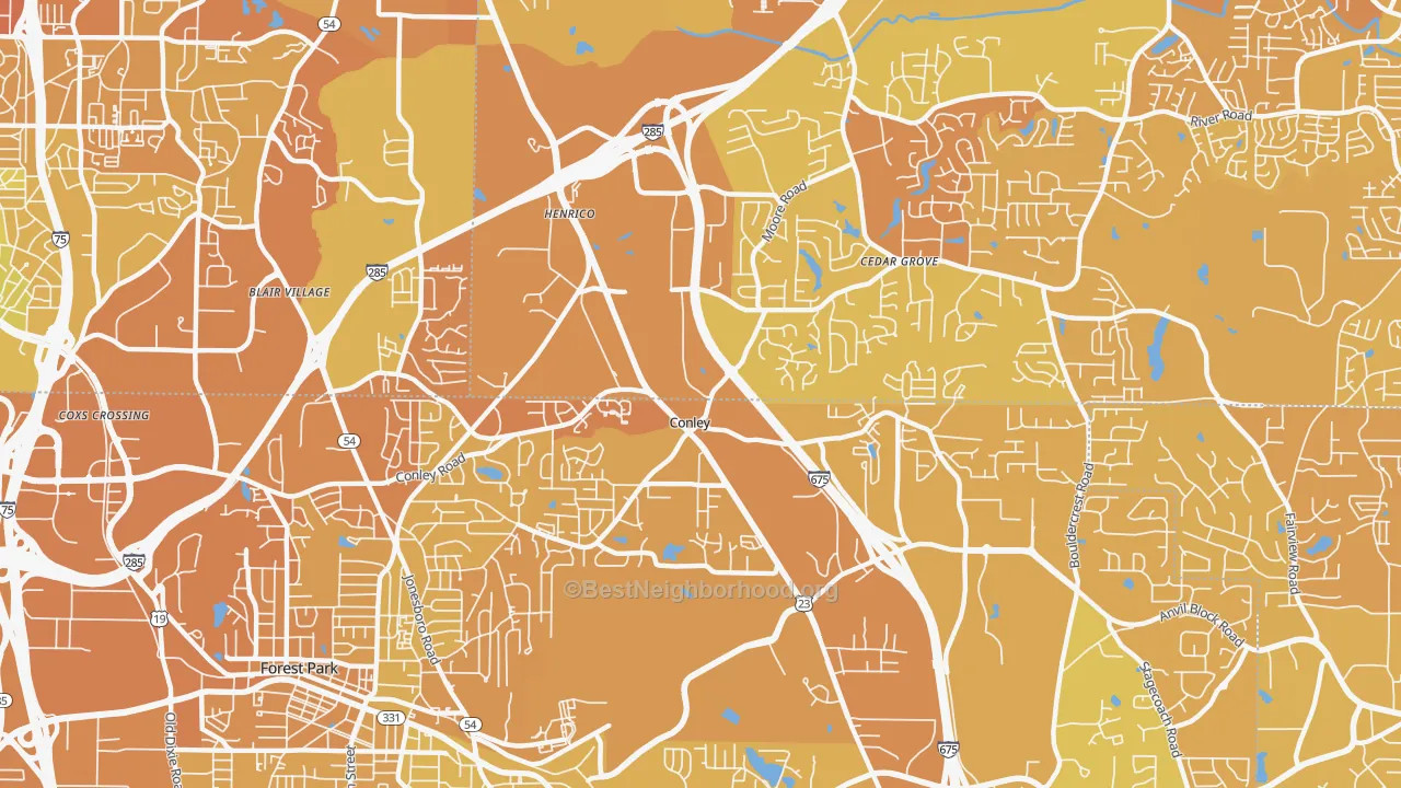 Map of the best neighborhoods in the 30288 area, with better matches in green and worse matches in red