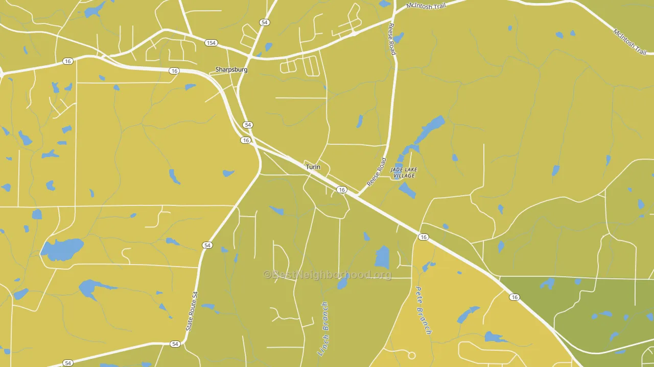 Map of the best neighborhoods in the 30289 area, with better matches in green and worse matches in red