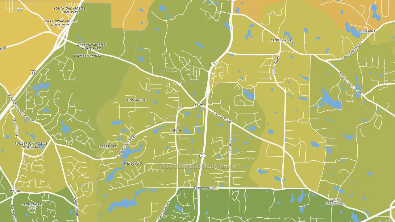 Map of the best neighborhoods in the 30290 area, with better matches in green and worse matches in red