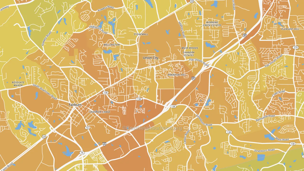 Map of the best neighborhoods in the 30291 area, with better matches in green and worse matches in red
